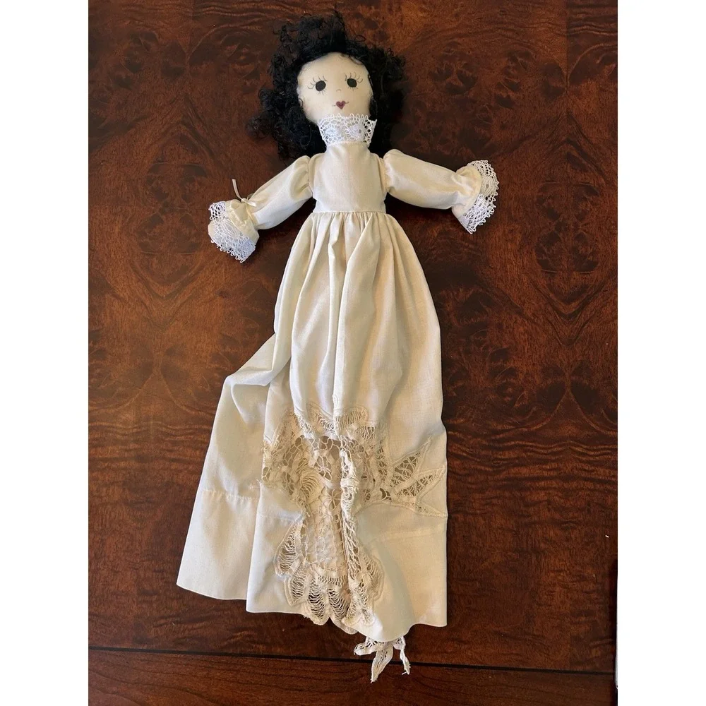 VTG Kmart Cloth Rag Doll wearing Intricate Lace Dress Curly Black Hair